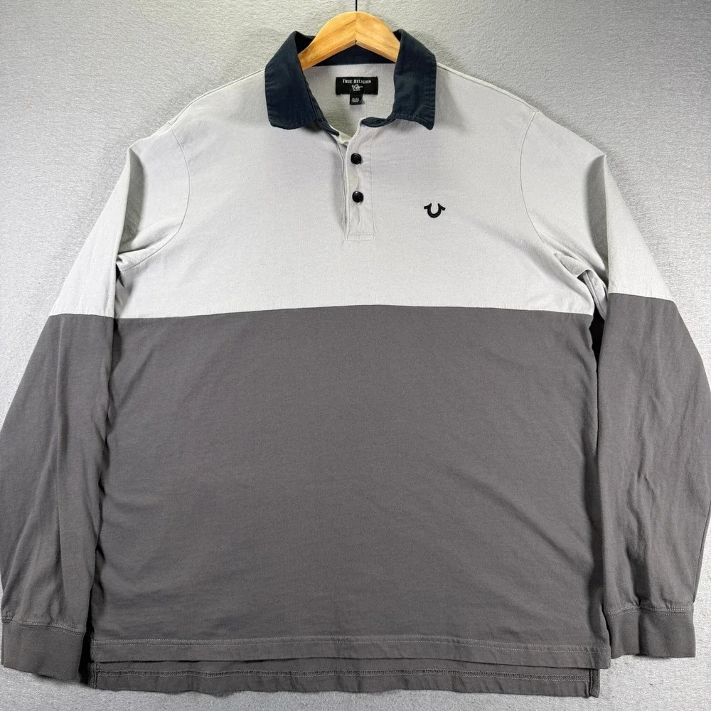 True Religion Colorblock Long Sleeve Rugby Shirt Men's XL‎ Tall Gray White Logo